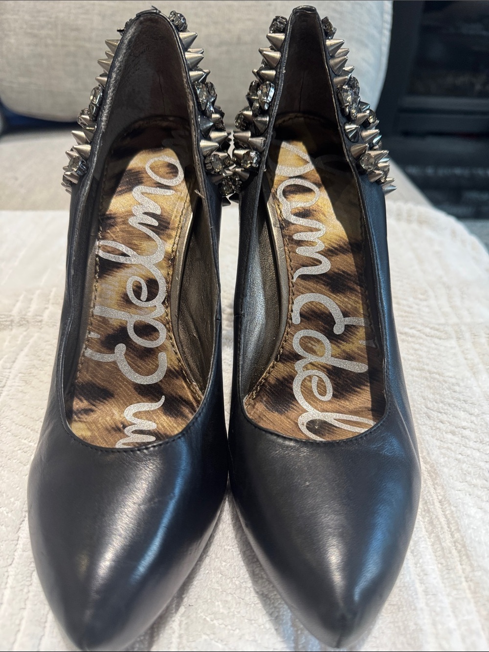 Sam Edelman Black Leather Pointed Toe Pumps with Silver Spike Embellishments